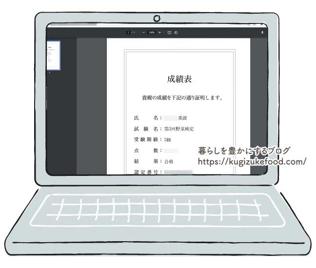 野菜検定試験の合否結果通知